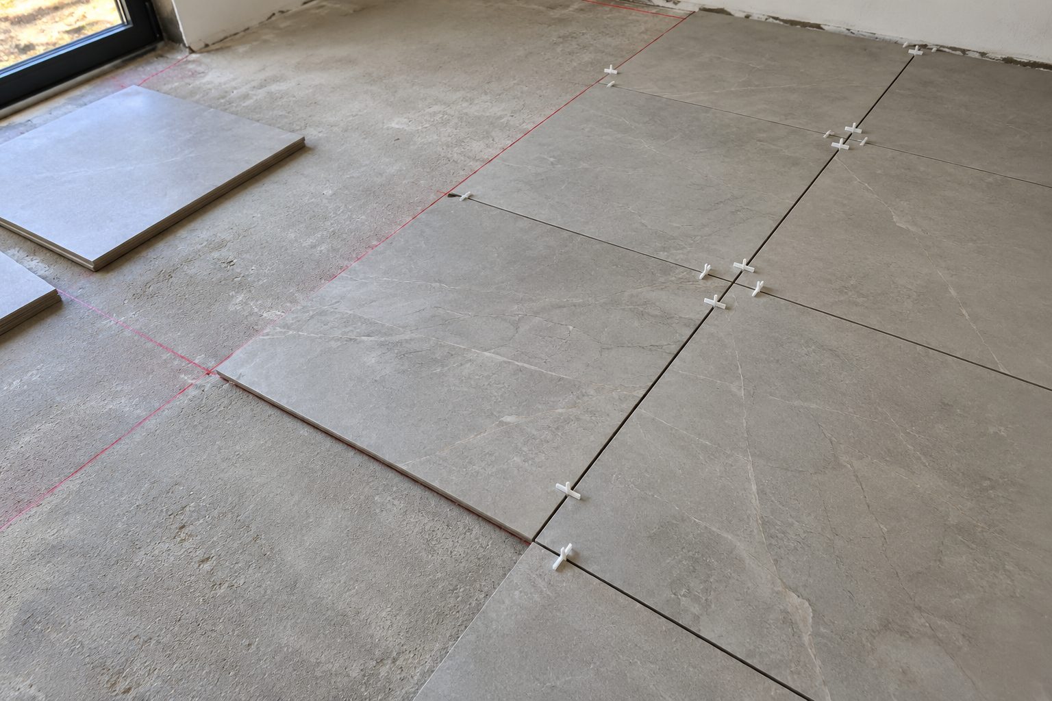 Large format floor tiles being set out over laser guide lines on a concrete floor, with levelling spacers between them